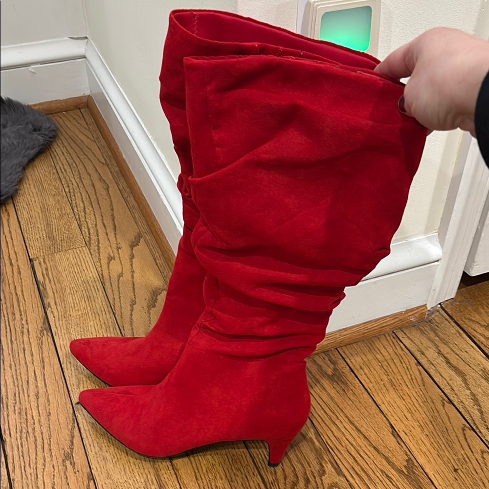 Vibrant Red Suede Knee-High Boots